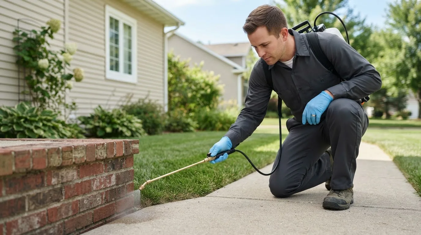 Pest control technician treating a home near King William, VA